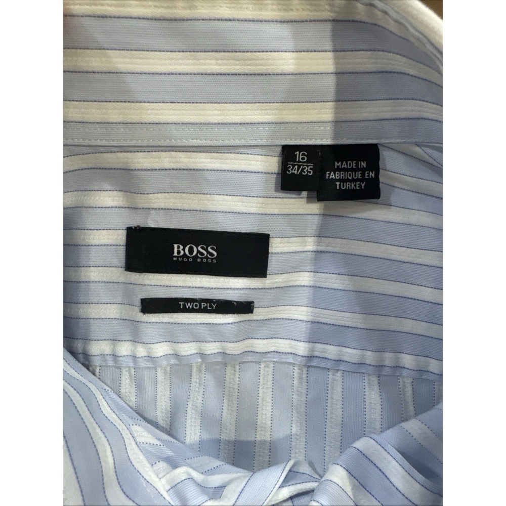 Men's Hugo Boss Blue Stripe Button Down Shirt 100% Cotton Size 16 34/35 2 Ply - Picture 11 of 11